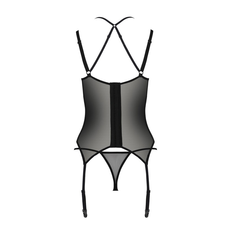 Корсет Passion DROSERA CORSET black, S/M, з кріпленнями для панчіх, трусики в комплекті