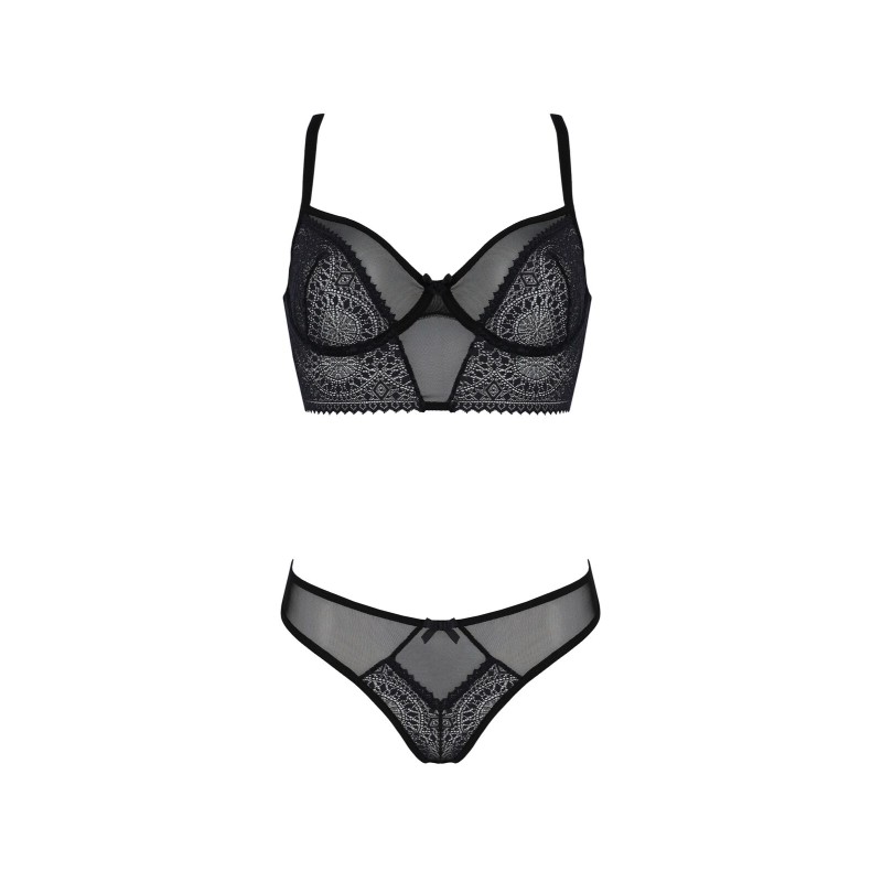 Комплект Passion DROSERA SET black S/M, сітка+мереживо, бюстьє та трусики танга