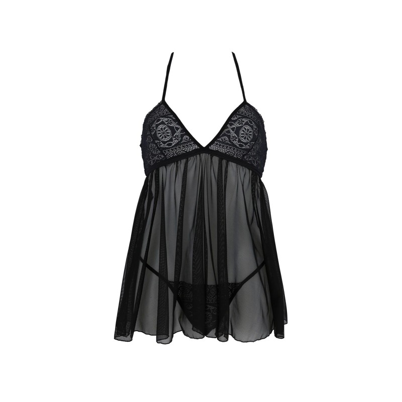 Пеньюар Passion KERRIA CHEMISE black, XXL/XXXL, мереживний верх, трусики в комплекті