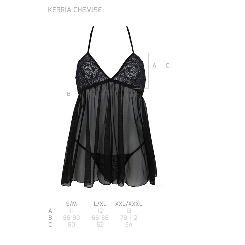 Пеньюар Passion KERRIA CHEMISE black, XXL/XXXL, мереживний верх, трусики в комплекті