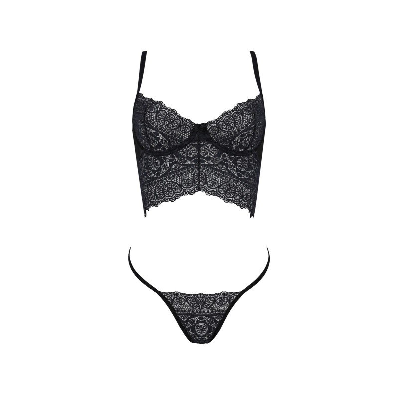 Комплект Passion KERRIA SET black, XXL/XXXL сітка+мереживо, бюстьє та стрінги