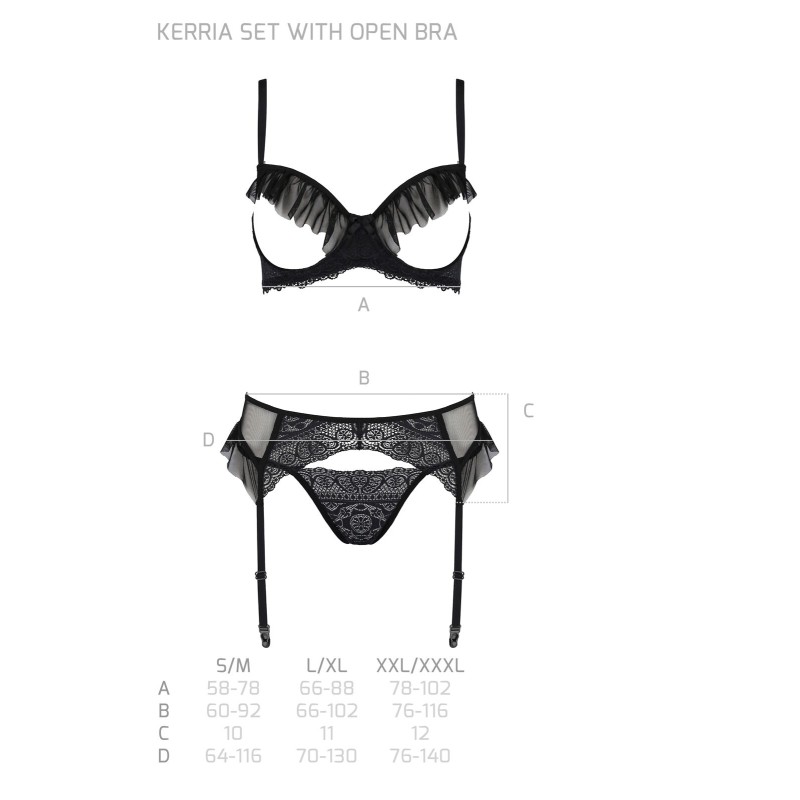 Комплект Passion KERRIA SET WITH OPEN BRA black, L/XL, бюстгальтер з відкритою чашкою, стрінги, пояс для панчіх