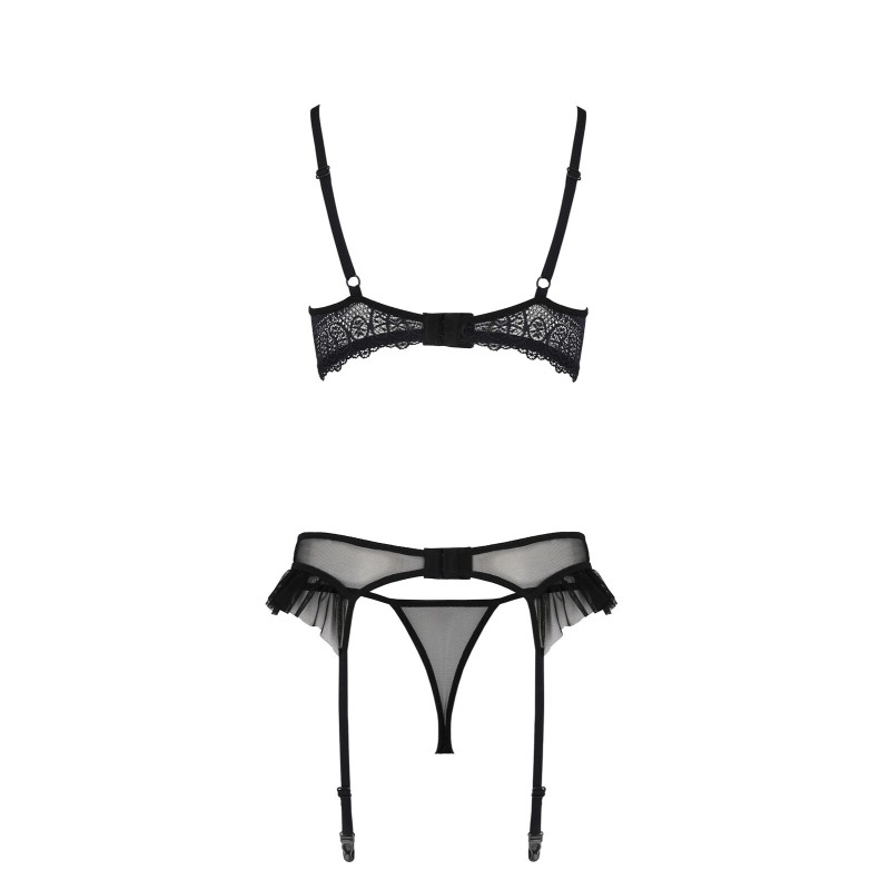 Комплект Passion KERRIA SET WITH OPEN BRA black, L/XL, бюстгальтер з відкритою чашкою, стрінги, пояс для панчіх