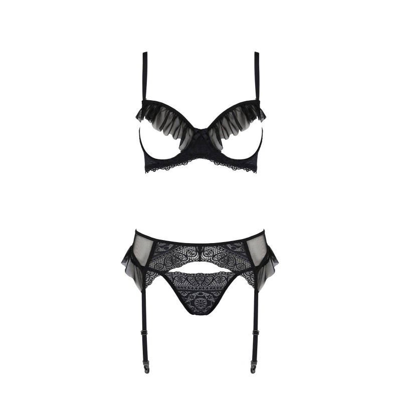 Комплект Passion KERRIA SET WITH OPEN BRA black, L/XL, бюстгальтер з відкритою чашкою, стрінги, пояс для панчіх
