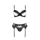 Комплект Passion KERRIA SET WITH OPEN BRA black, L/XL, бюстгальтер з відкритою чашкою, стрінги, пояс для панчіх