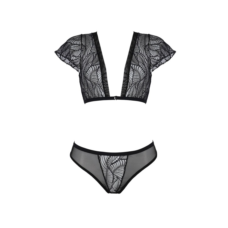 Комплект Passion LEAFA BIKINI black, XXL/XXXL, бюстгальтер-топ з рукавчиками, стрінги-шортики з вирізом