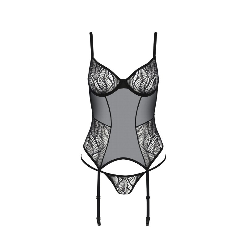 Корсет Passion LEAFA CORSET black S/M, м'які чашки, затискачі для панчіх, стрінги в комплекті