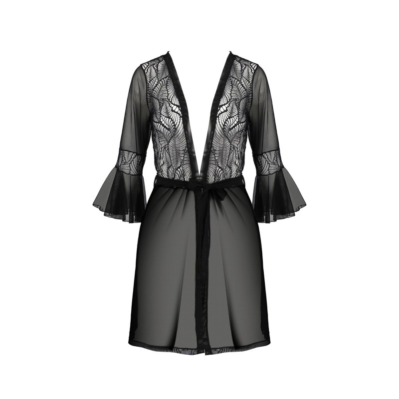 Пеньюар Passion LEAFA PEIGNOIR black S/M, довжина трохи вище коліна, широкі рукави, зав'язується на пояс