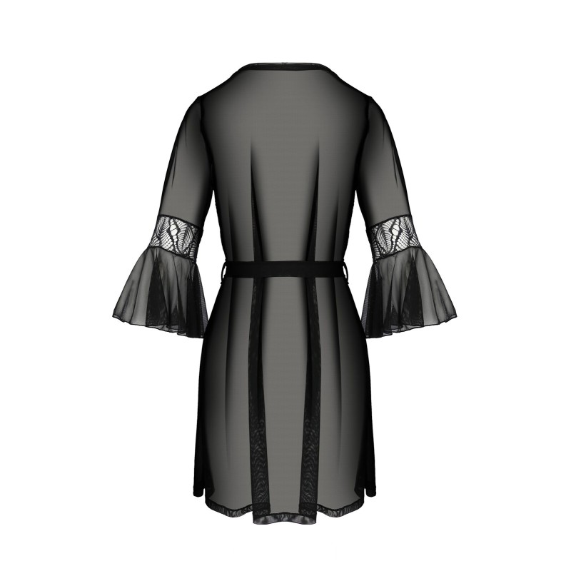 Пеньюар Passion LEAFA PEIGNOIR black, XXL/XXXL, довжина трохи вище коліна, широкі рукави, зав'язується на пояс