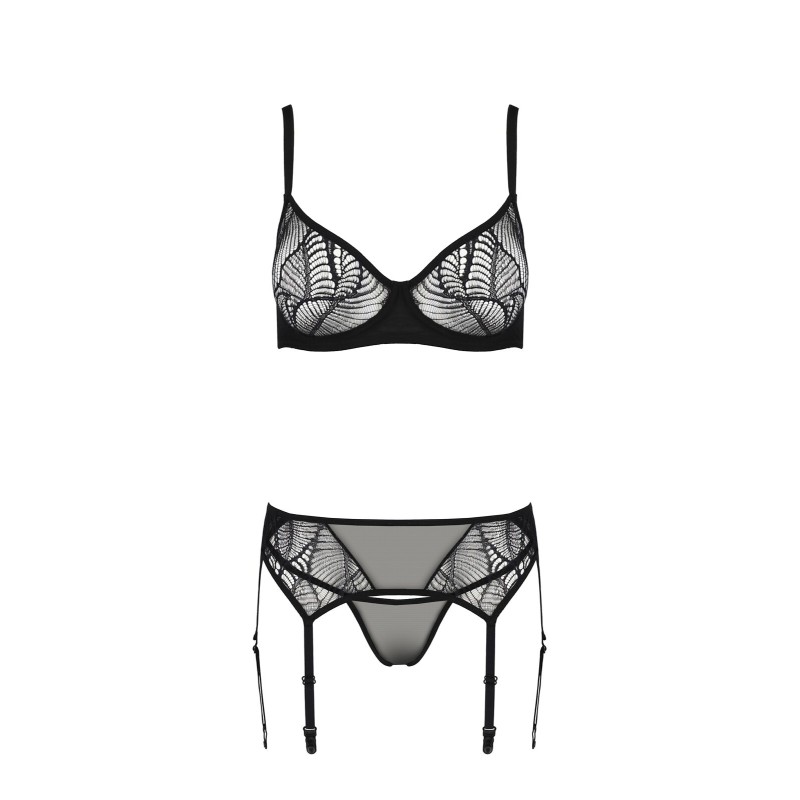 Комплект Passion LEAFA SET black, L/XL, кружево+сетка, бюстгальтер на косточках, стринги, пояс для чулок
