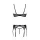 Комплект Passion LEAFA SET black, L/XL, кружево+сетка, бюстгальтер на косточках, стринги, пояс для чулок
