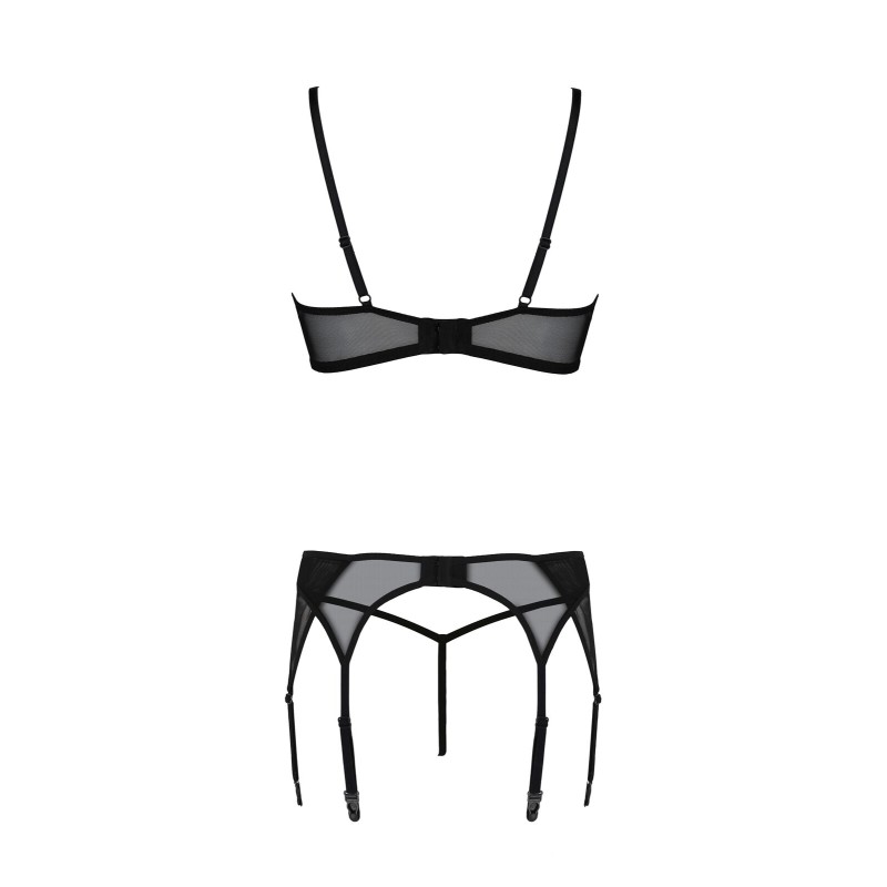 Комплект Passion LEAFA SET black, XXL/XXXL, кружево+сетка, бюстгальтер на косточках, стринги, пояс для чулок