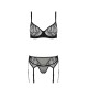 Комплект Passion LEAFA SET black, XXL/XXXL, кружево+сетка, бюстгальтер на косточках, стринги, пояс для чулок