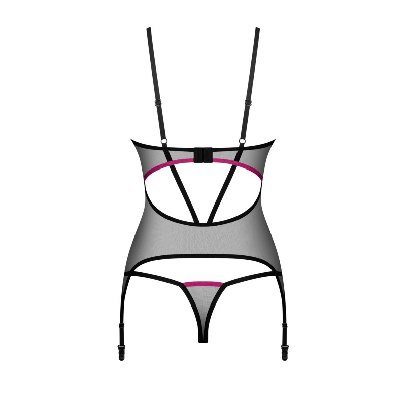 Корсет Obsessive Novenes corset & thong, XL/2XL, прозорий, відкрита спина, стрінги в комплекті
