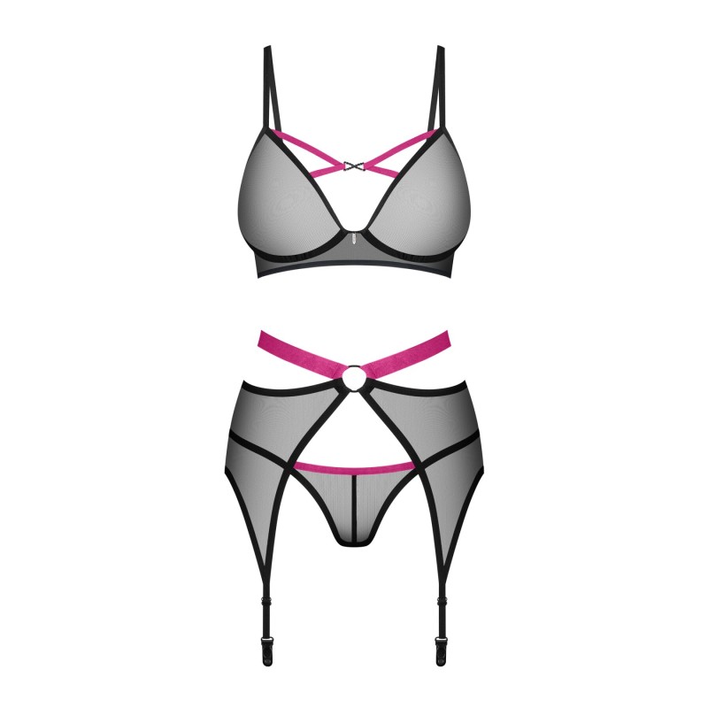 Комплект Obsessive Novenes 3-pcs set, XS/S, прозрачный лиф на косточках, стринги, пояс