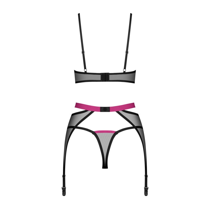 Комплект Obsessive Novenes 3-pcs set, M/L, прозорий ліф на кісточках, стрінги, пояс