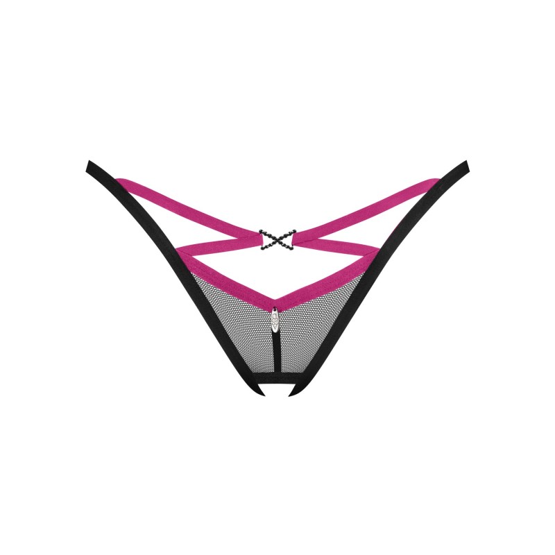 Трусики-стринги Obsessive Novenes crotchless thong, XS/S, сетка, стрепы, украшение со стразами