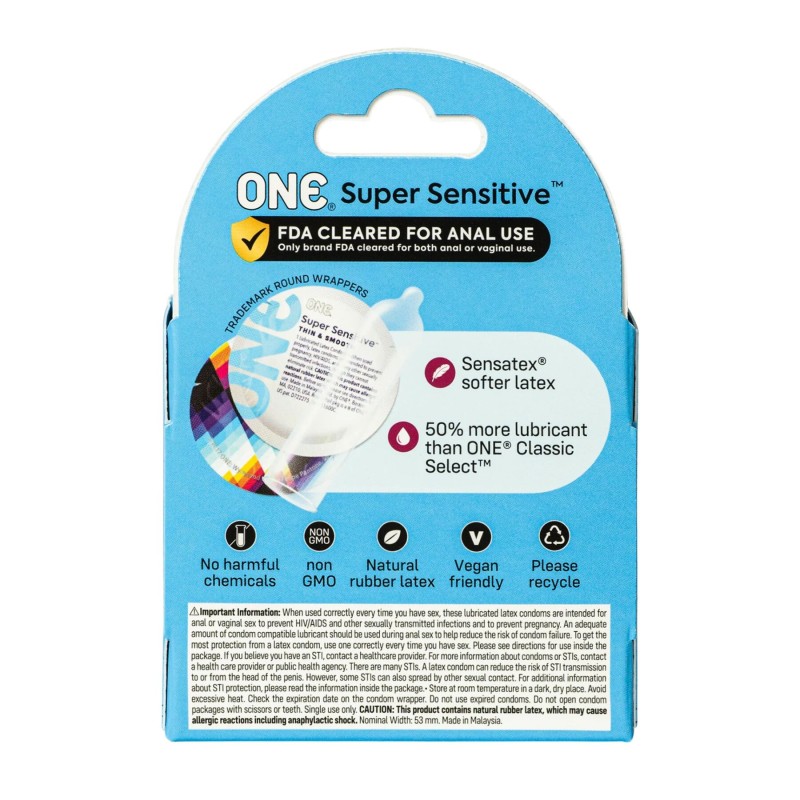 Презервативи ONE Super Sensitive, 3 шт, гладенькі, з додатковою змазкою, картонне паковання