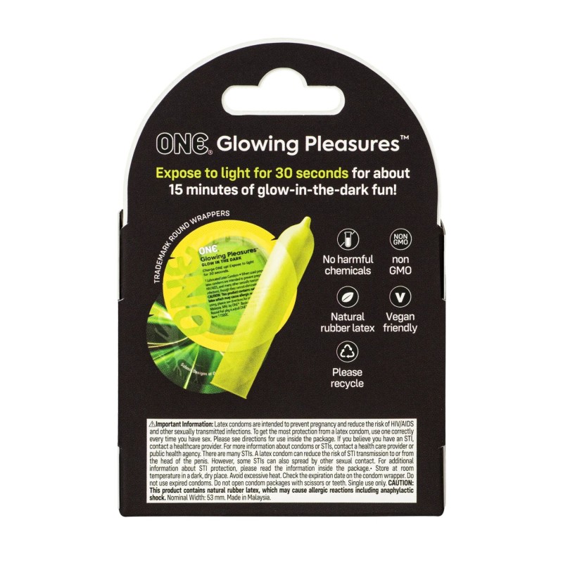 Презервативи ONE Glowing Pleasures, 3 шт, світяться в темряві, зі змазкою, картонне паковання