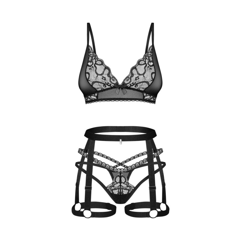 Комплект Obsessive Blomentis 3-pcs set, XL/2XL, м’який ліф, стрінги зі стрепами, пояс із гартерами