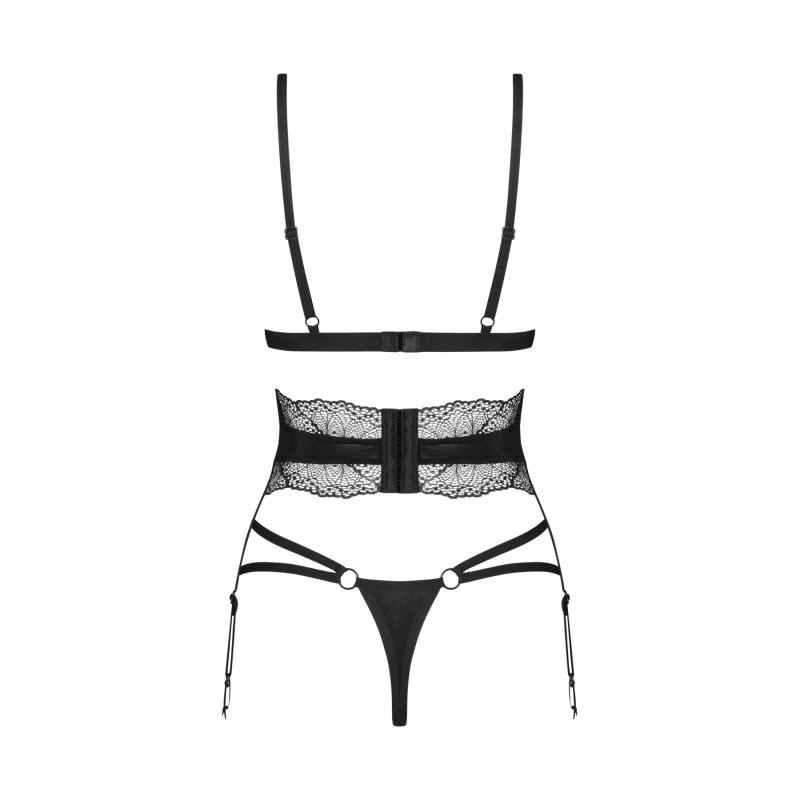 Комплект Obsessive Lobellis 3-pcs set, M/L, чорний, ліф з м’якою чашкою, стрінги, пояс для панчіх