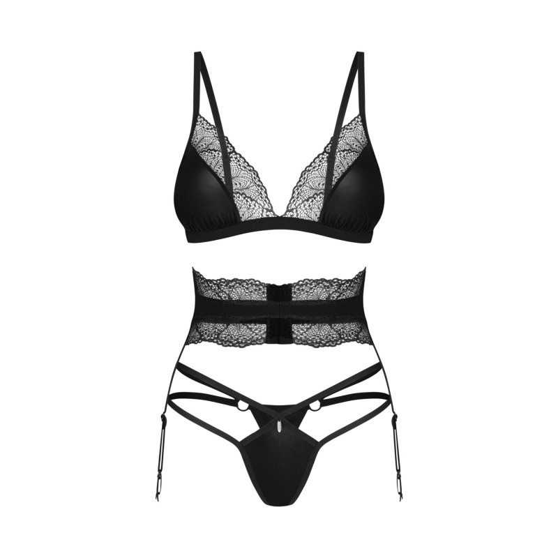 Комплект Obsessive Lobellis 3-pcs set, XL/2XL, чорний, ліф з м’якою чашкою, стрінги, пояс для панчіх