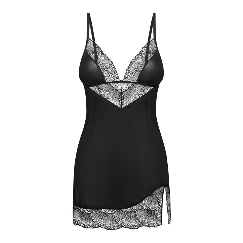 Пеньюар Obsessive Lobellis chemise & thong, M/L, чорний, мереживне оздоблення, стрінги в комплекті