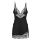 Пеньюар Obsessive Lobellis chemise & thong, M/L, чорний, мереживне оздоблення, стрінги в комплекті
