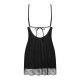Пеньюар Obsessive Lobellis chemise & thong, M/L, чорний, мереживне оздоблення, стрінги в комплекті