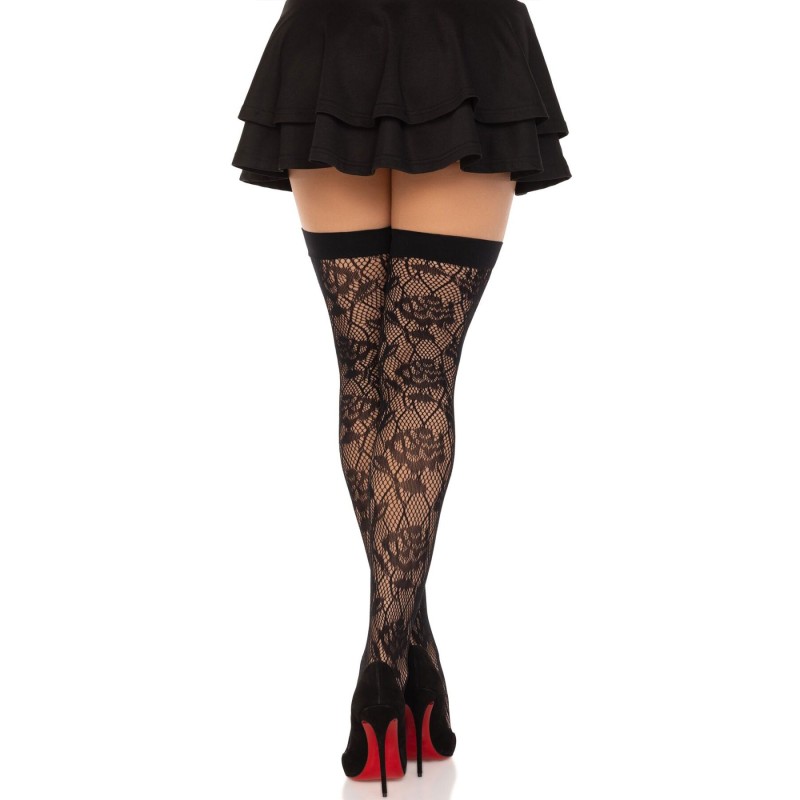 Панчохи Leg Avenue Wild rose net thigh highs, One Size, чорні, широка резинка, малюнок-троянди