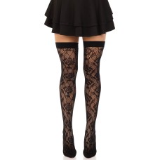 Панчохи Leg Avenue Wild rose net thigh highs, One Size, чорні, широка резинка, малюнок-троянди