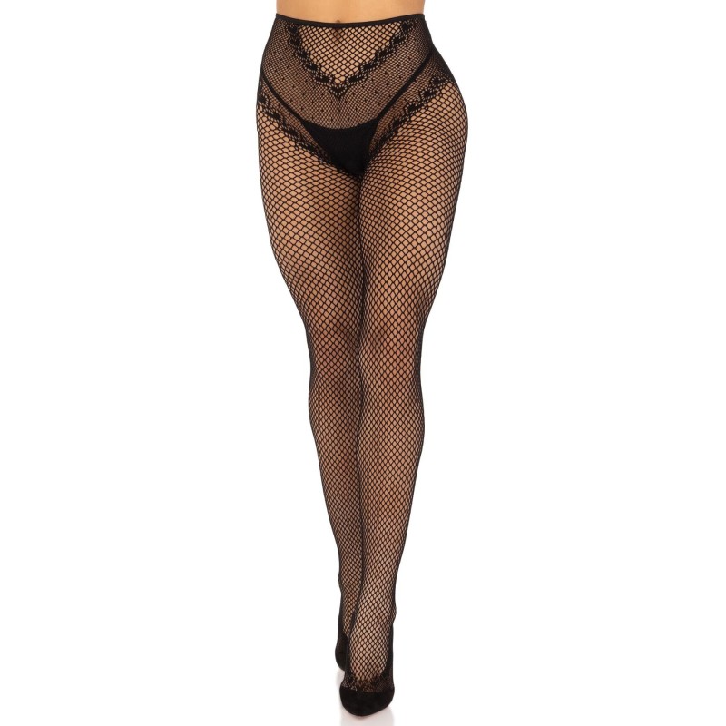 Стрип-колготки Leg Avenue Crotchless Net Tights with Heart Backseam, One Size, чорні, з доступом