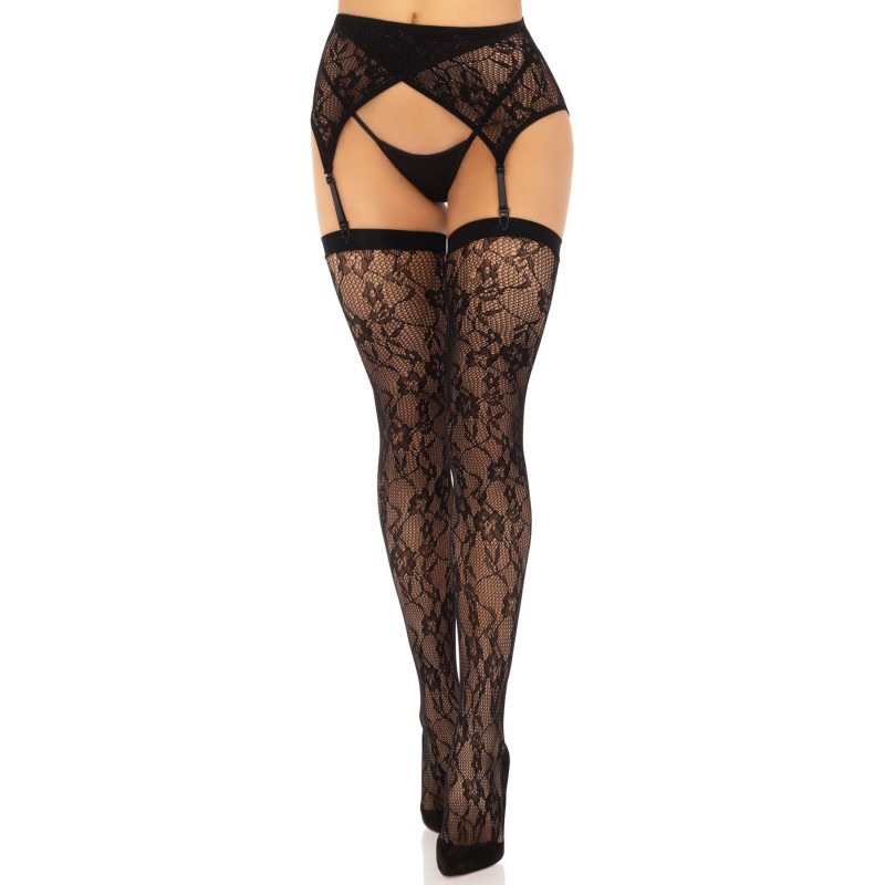 Комплект Leg Avenue Lace thigh highs & garterbelt, One Size, черный, чулки и пояс с пажами