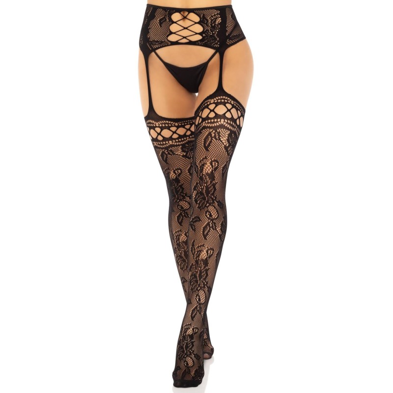 Колготки-чулки Leg Avenue French Rose Backseam Garter Belt Stockings, черные, One Size, с доступом
