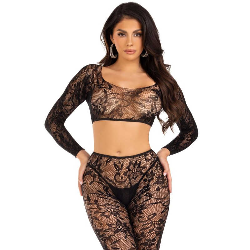 Комплект Leg Avenue Crop top & footless tights, One Size, черный, кроп-топ и колготки без стопы
