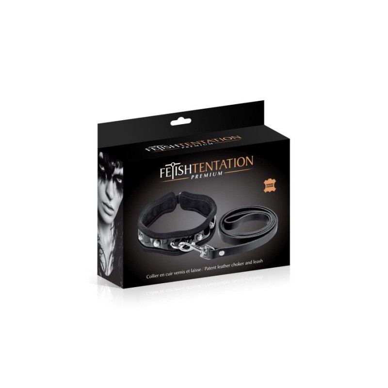 Поводок из натуральной кожи Fetish Tentation Premium Patent leather chocker and leash