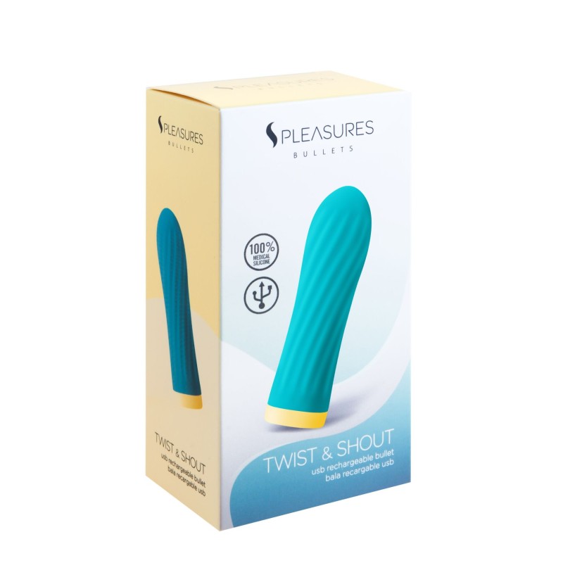 Віброкуля S Pleasures Bullets Twist & Shout Turquoise, бірюзова, ребриста поверхня, 10 режимів