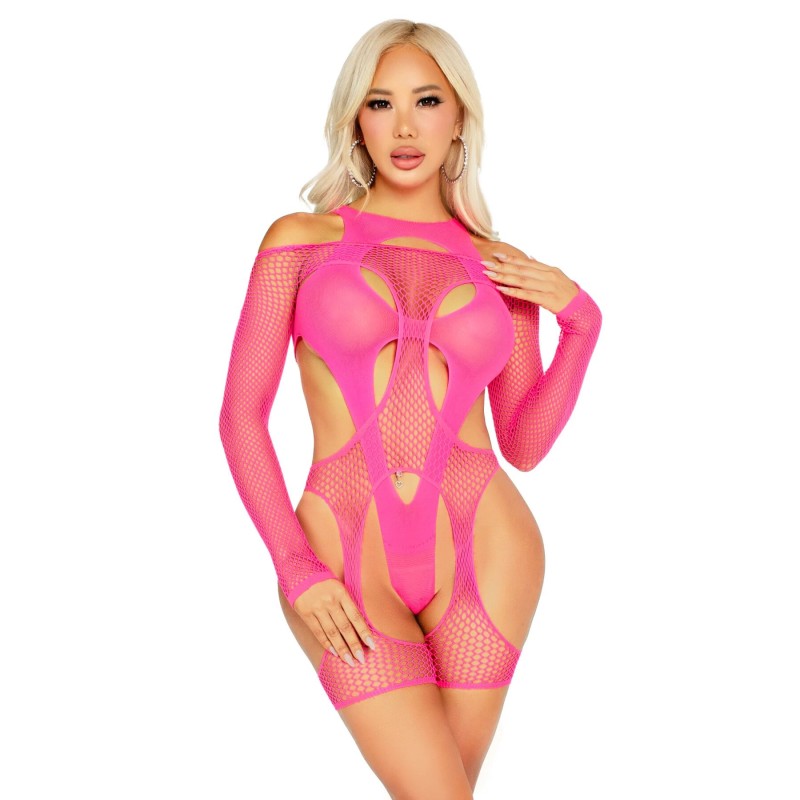 Бодистокинг Leg Avenue Fishnet Garter Harness and Teddy One Size Neon Pink