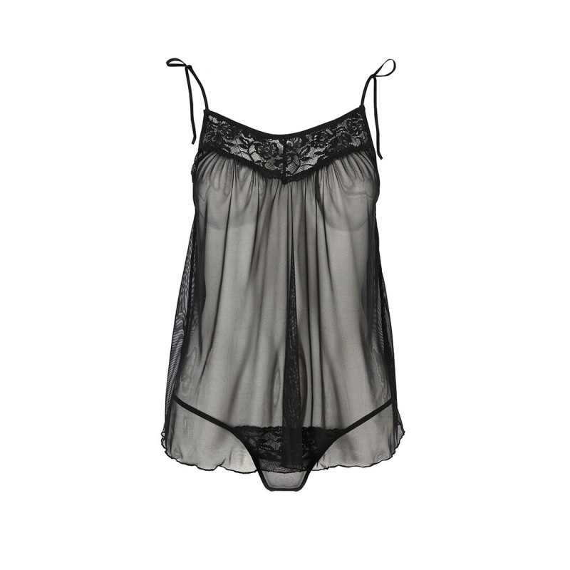 Сорочка прозора бебі-дол Passion MELANIA CHEMISE L/XL, black, трусики, на тонких бретелях