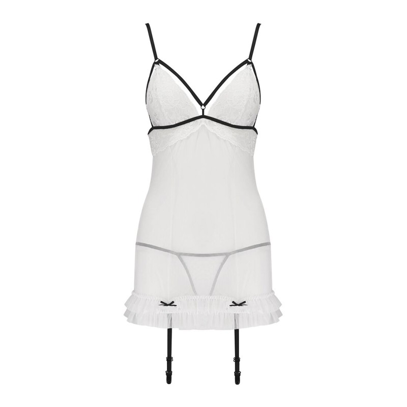 Сорочка прозора з пажами Passion ORIHIME CHEMISE S/M, white, трусики, стрепи