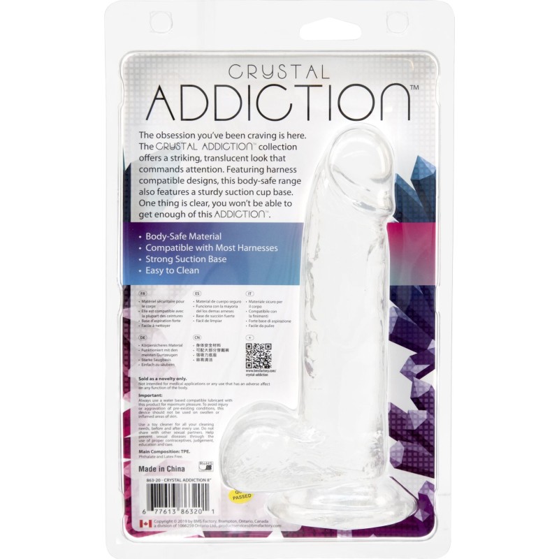 Прозорий фалоімітатор на присосці ADDICTION — Clear Dildo with Balls 8″, віброкуля в подарунок