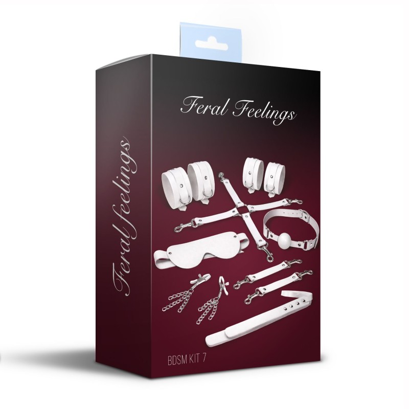 Набор Feral Feelings BDSM Kit 7 White, наручники, поножи, коннектор, маска, паддл, кляп, зажимы