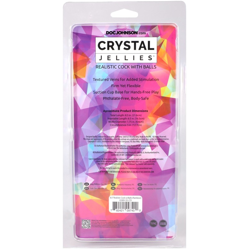 Фаллоимитатор Doc Johnson Crystal Jellies - Realistic cock with balls 8.5 Inch - Rainbow